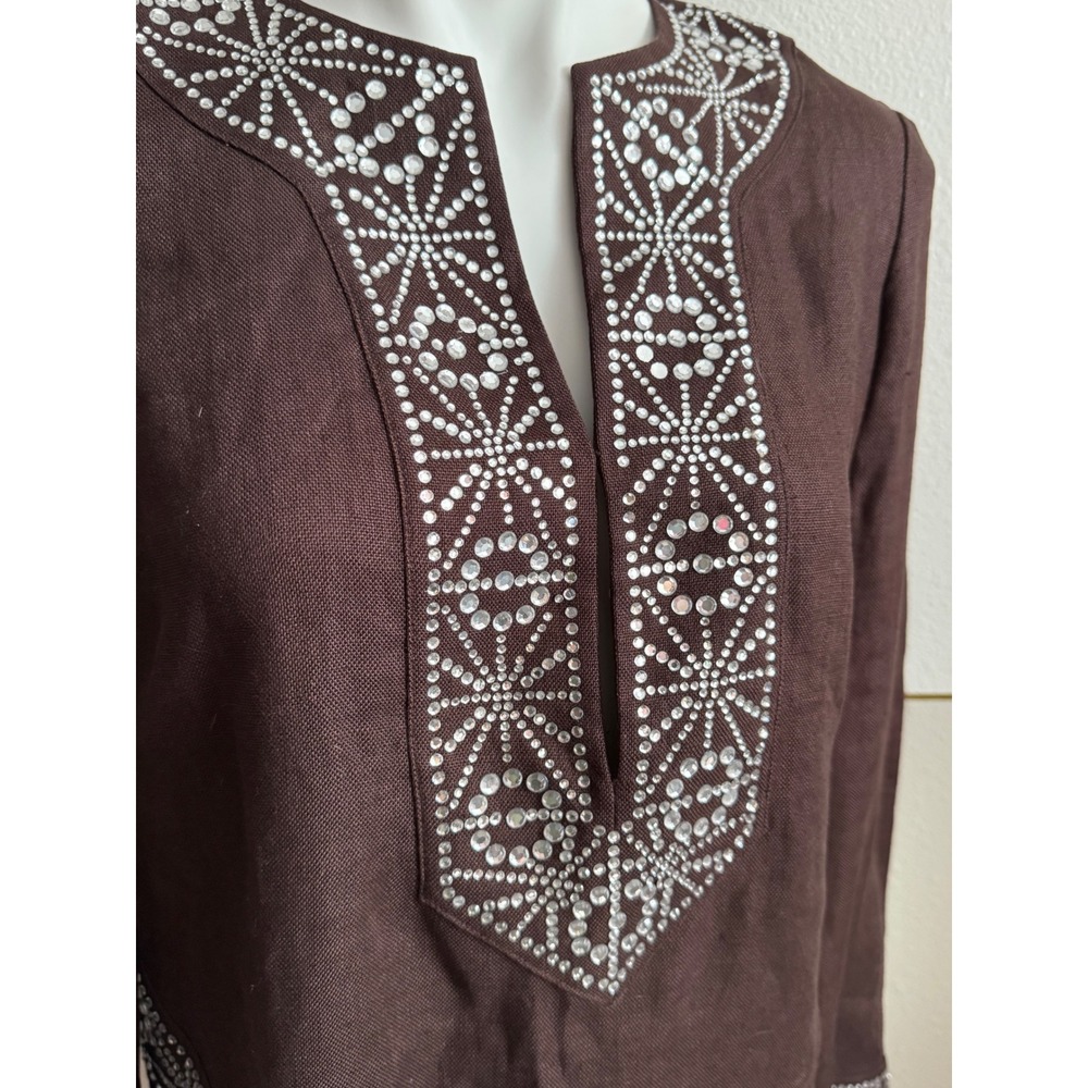 Vintage Tory Burch Brown Linen Crystal Bling Embellished Tunic Top Fall SZ 6 NWT - Picture 3 of 9